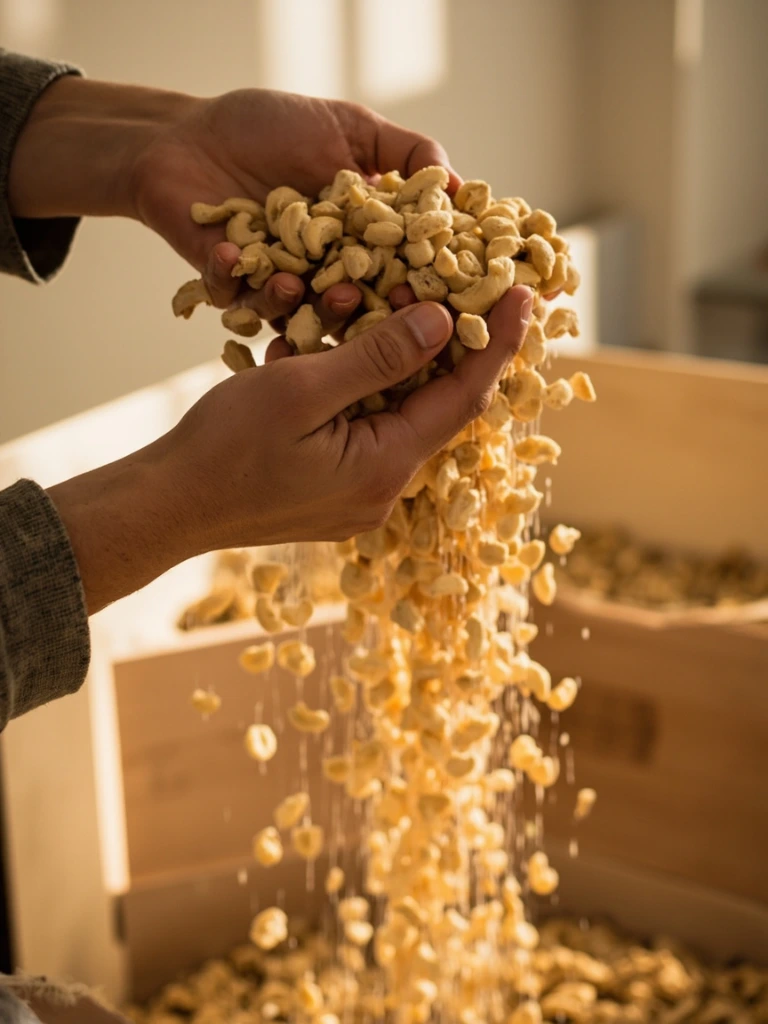 Hands sorting raw cashews inside the sunlit Ojai warehouse
