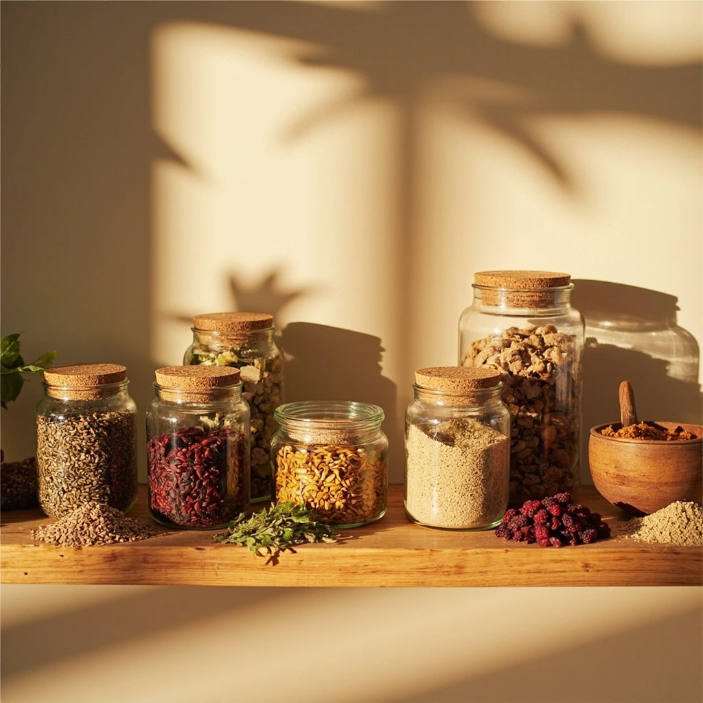 Raw seeds, berries and powders in glass jars