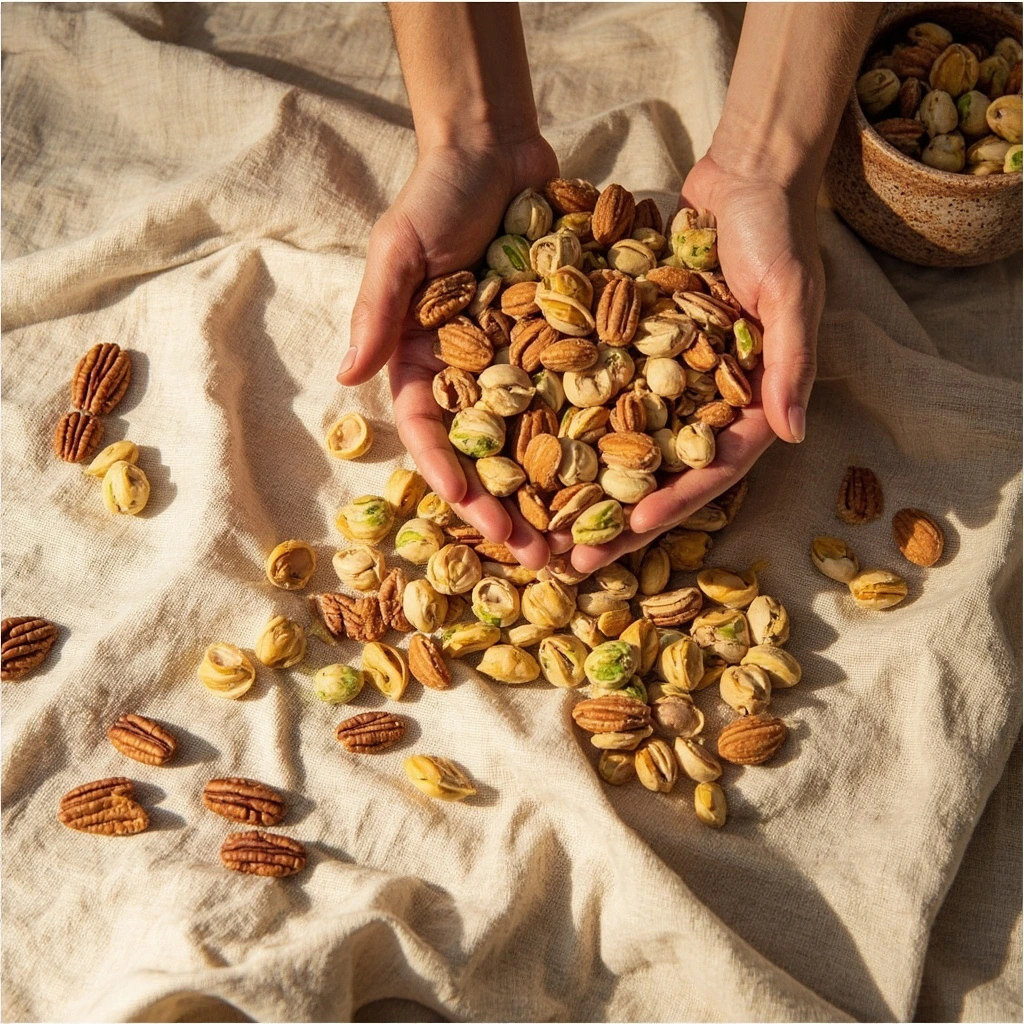 Raw sprouted nuts and seeds arranged on linen