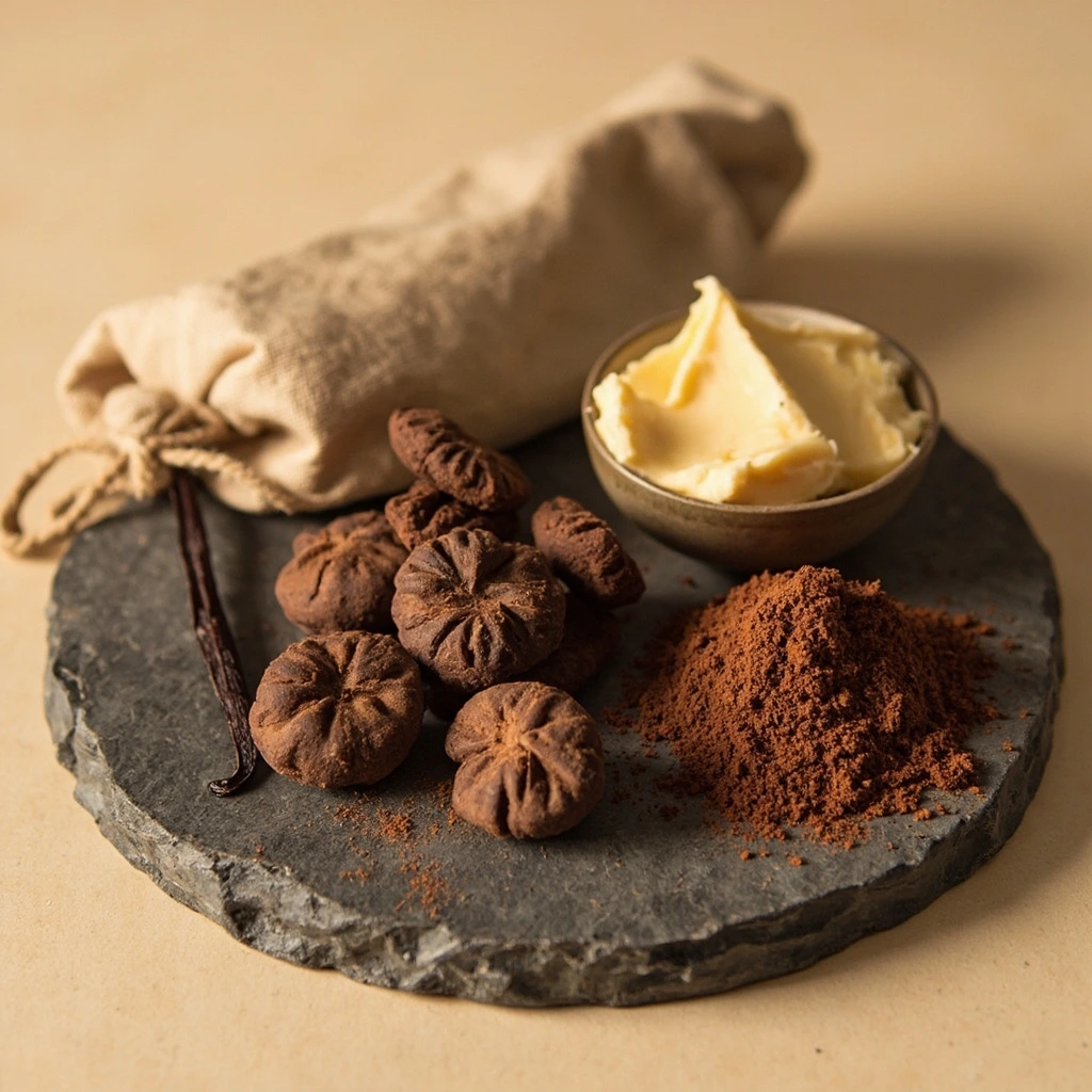 Raw cacao nibs, powder and butter on a slate board