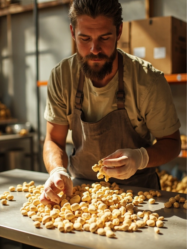 Worker sorting raw cashews in the Ojai climate-controlled warehouse