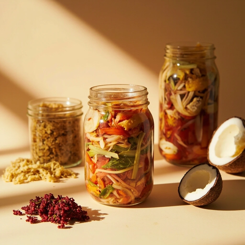 Glass jars of raw sauerkraut and cultured vegetables